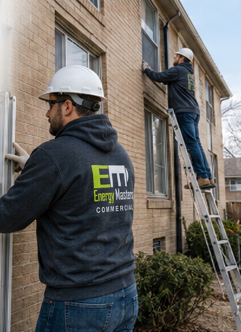 Energy Masters technicians working from a ladder on a multifamily brick apartment building